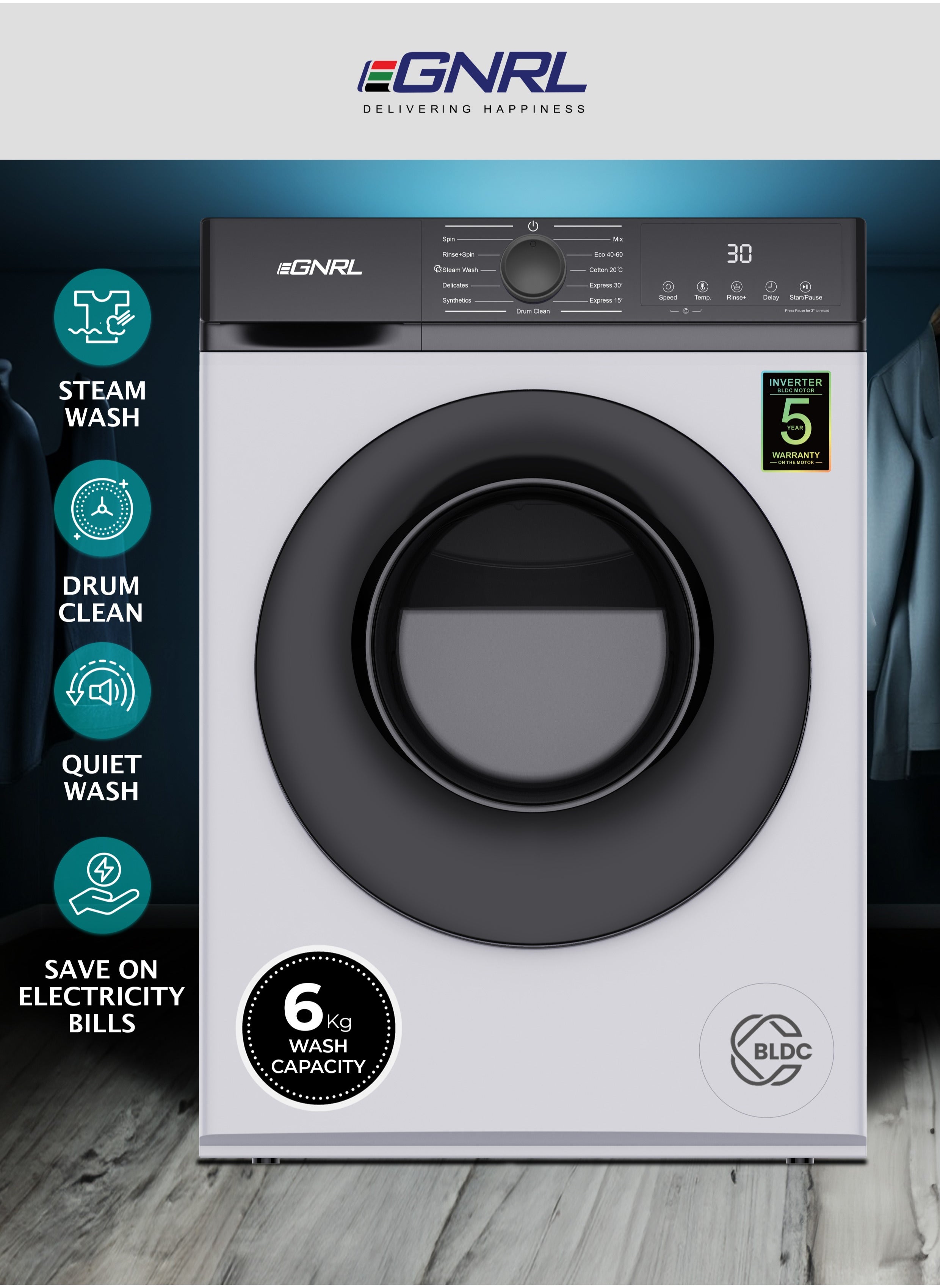 EGNRL 6KG Front Load Washing Machine 2025 Model, EGWMFL700, With INVERTER BLDC Motor 5 Year Warranty, 5 STAR Energy & Water Consumption, 1200 RPM, 12 Programs (1 Year Brand Warranty) 