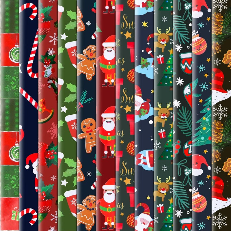 Konsait 12 Sheets Folded Large Sheets of Christmas Wrapping Paper Traditional Gift Wrap 74 x 50cm Xmas Festive Designs Bulk Santa SnowmanSnowflakeTreeReindeer Birthday Holiday Gifts Decor - Image 1