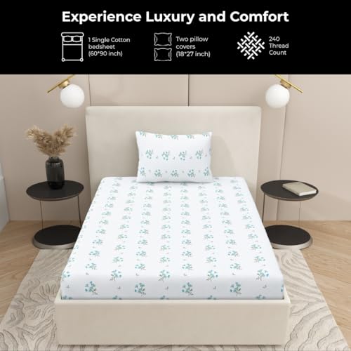 Plumora Single Bed Cotton Bedsheet with 1 Pillow Cover, 100% Pure Cotton Single Bedsheet 60×90 Inches, 240 TC Soft Breathable Floral Bed Sheet – (Aqua Breeze) - Image 2