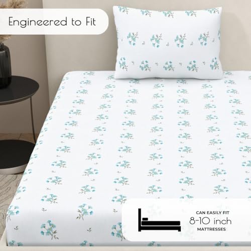 Plumora Single Bed Cotton Bedsheet with 1 Pillow Cover, 100% Pure Cotton Single Bedsheet 60×90 Inches, 240 TC Soft Breathable Floral Bed Sheet – (Aqua Breeze) - Image 4