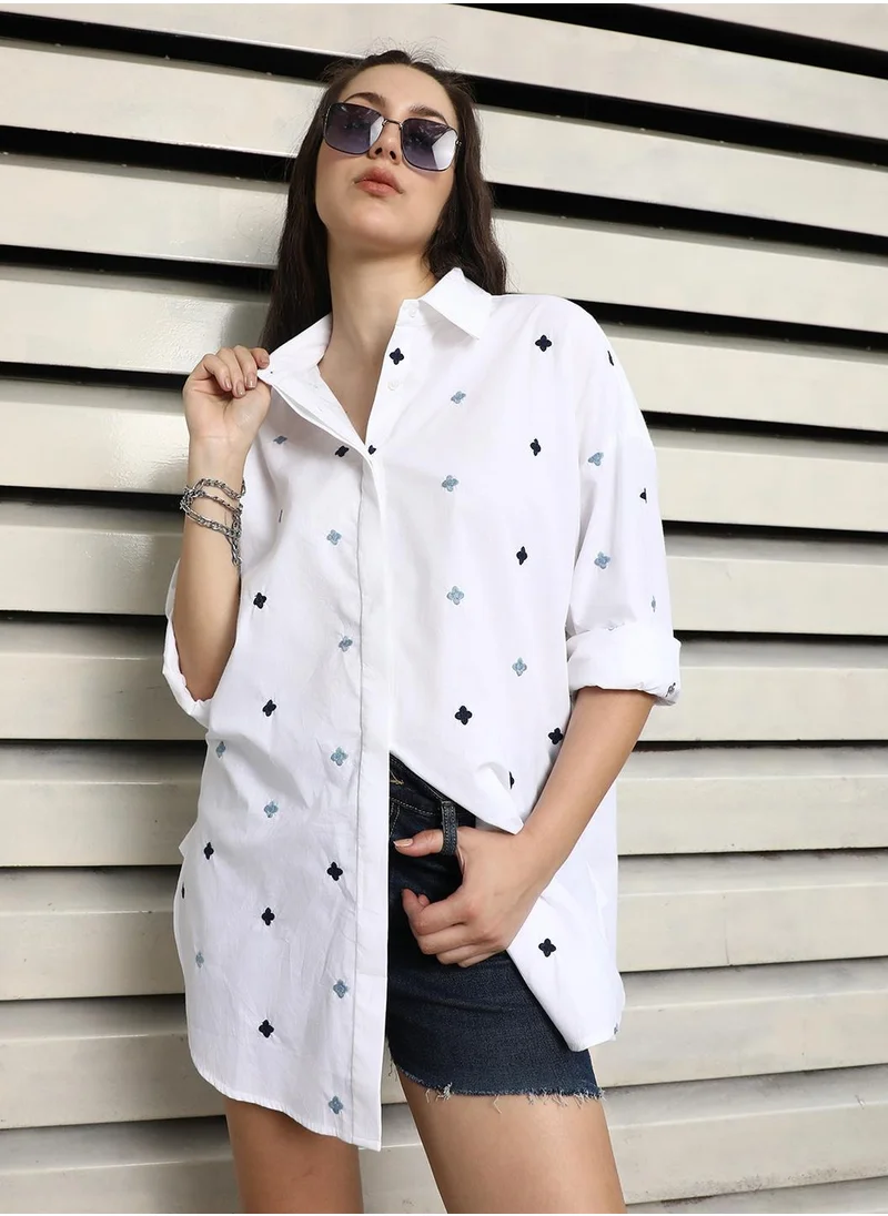 هاي ستار White Oversized Embroidered Women’s Shirt, Spread Collar, Full Sleeves, 100% Cotton