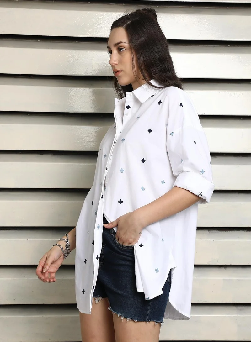 HIGH STAR White Oversized Embroidered Women’s Shirt, Spread Collar, Full Sleeves, 100% Cotton