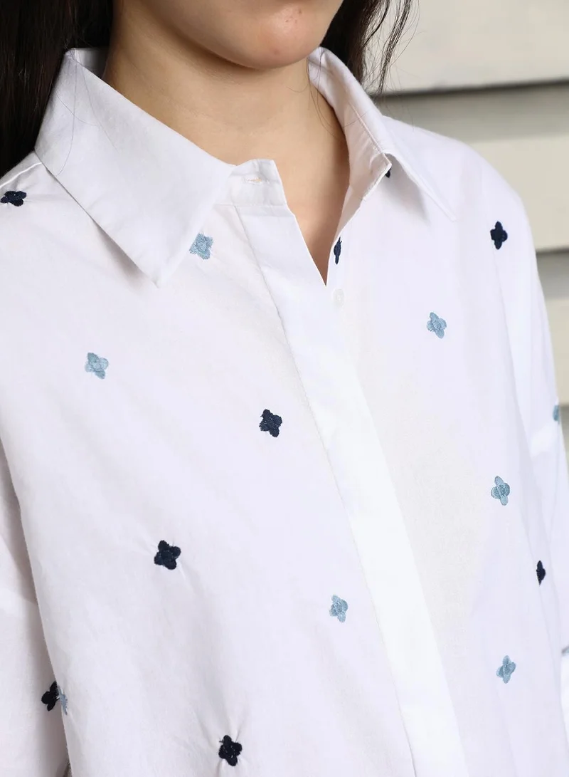 HIGH STAR White Oversized Embroidered Women’s Shirt, Spread Collar, Full Sleeves, 100% Cotton