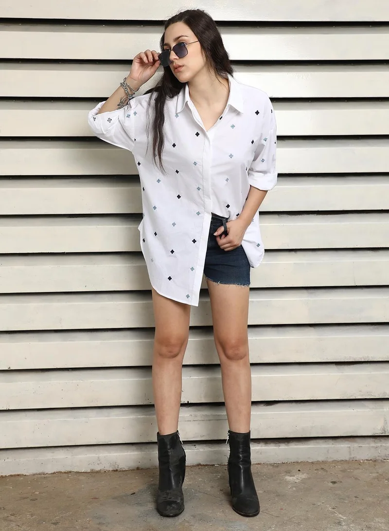 HIGH STAR White Oversized Embroidered Women’s Shirt, Spread Collar, Full Sleeves, 100% Cotton