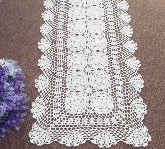 RECTANGULAR COTTON HANDMADE CROCHET LACE TABLE RUNNER DOILIES DRESSER SCARVES FOR BEDROOMS 16 INCH BY 35 INCHWHITE
