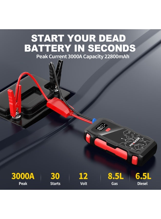 PGNOOGE 3000A Peak Car Jump Starter, 22800mAh High Capacity Battery Booster (up to 8.5L Gas and 6.5L Diesel Engines), 12V Auto Emergency Jumper Starter with Flashlight, LED Display, USB Fast Charging - Image 2