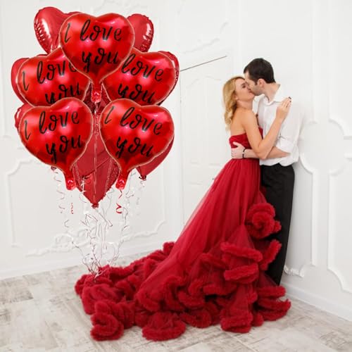 AMFIN (Pack of 10) 18 Inch Heart Foil Balloons, "I Love You" Printed - Red & Black - Image 3
