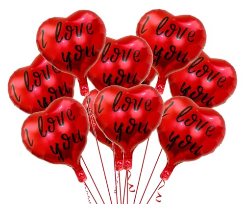 AMFIN (Pack of 10) 18 Inch Heart Foil Balloons, "I Love You" Printed - Red & Black - Image 1