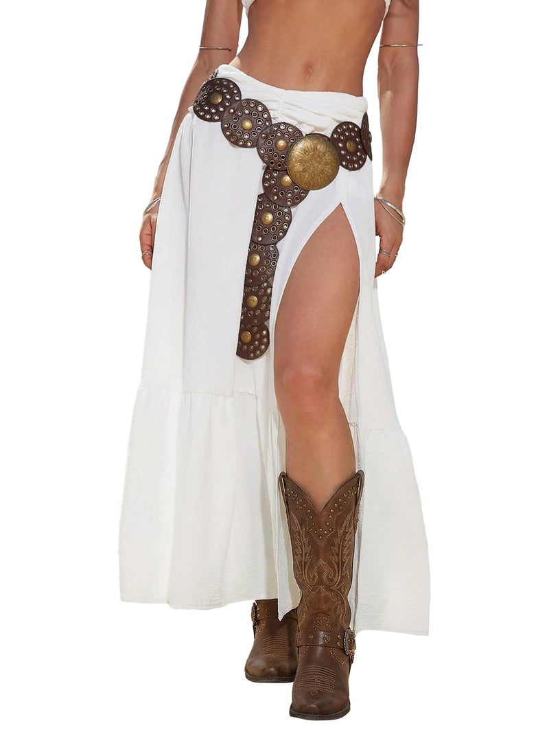 SHENHE Women's Boho Western Low Rise Maxi Skirt Ruffle High Slit Country Cowgirl Skirts White Small - Image 1