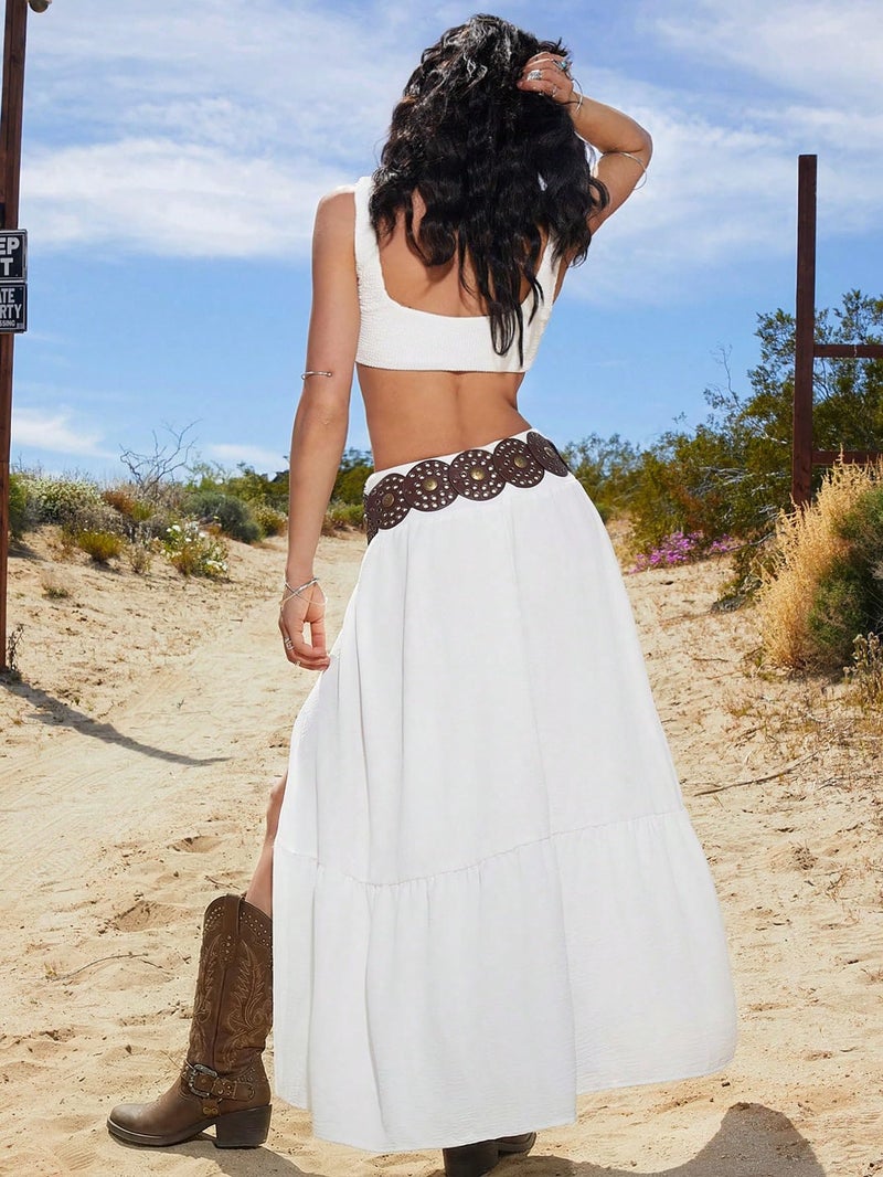 SHENHE Women's Boho Western Low Rise Maxi Skirt Ruffle High Slit Country Cowgirl Skirts White Small - Image 2