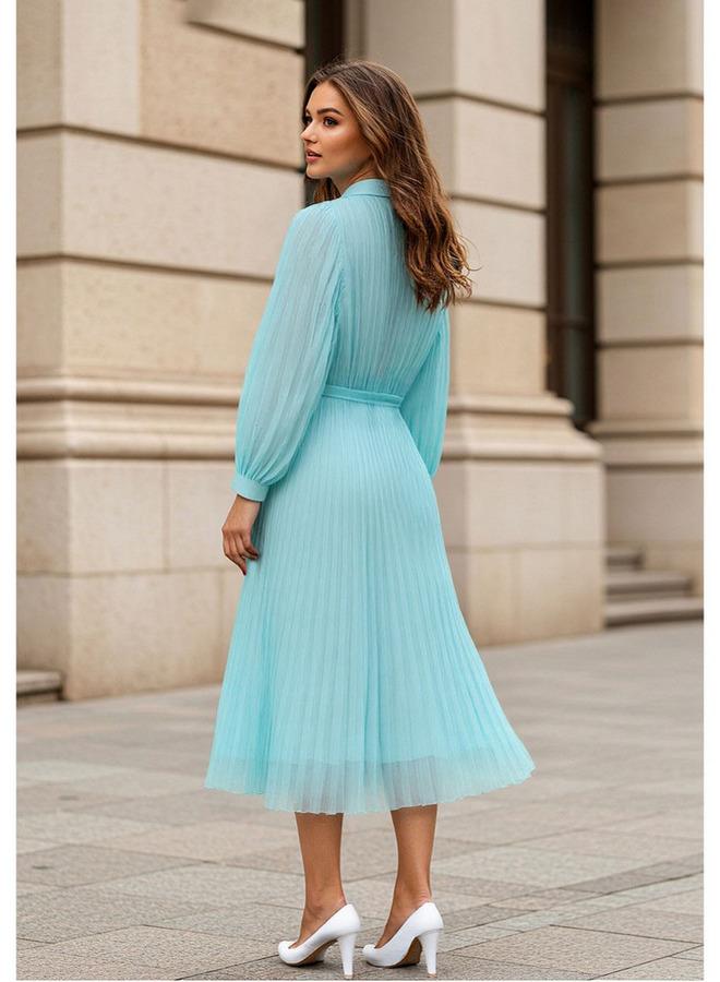 Splash FAV Pleated Midi Dress with Collar and Tie-Up Belt - Image 3