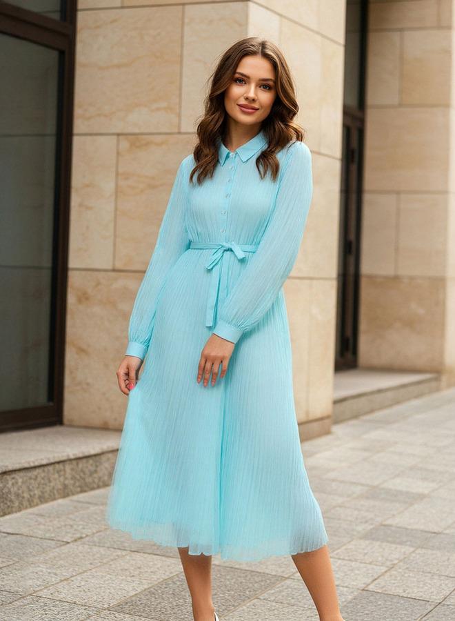 Splash FAV Pleated Midi Dress with Collar and Tie-Up Belt - Image 1
