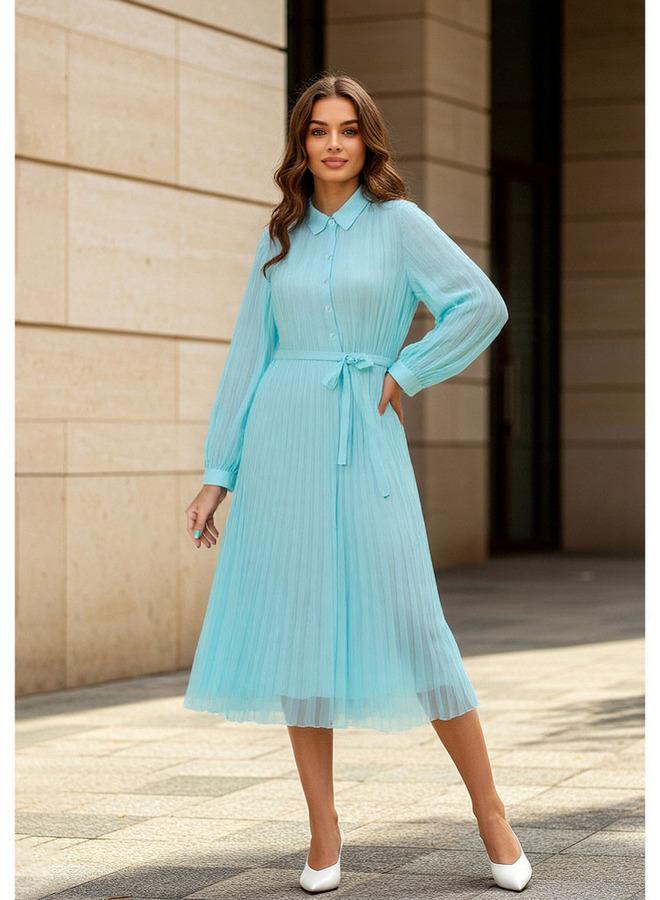 Splash FAV Pleated Midi Dress with Collar and Tie-Up Belt - Image 2