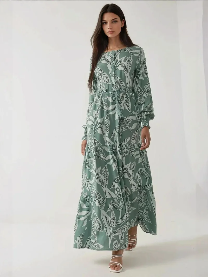 زوبعة فستان ماكسي طويل الأكمام من الفيسكوز مطبوع