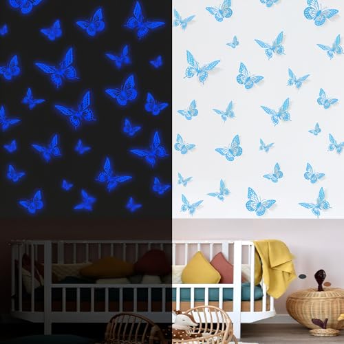 SAOROPEB Glow in The Dark 3D Butterfly 24 Pcs 3 Sizes, Luminous Butterfly Stickers for Ceiling or Wall, Glow in The Dark Party Supplies, Removable Luminous Stickers for Kids Babys Nursery (Blue) - Image 1