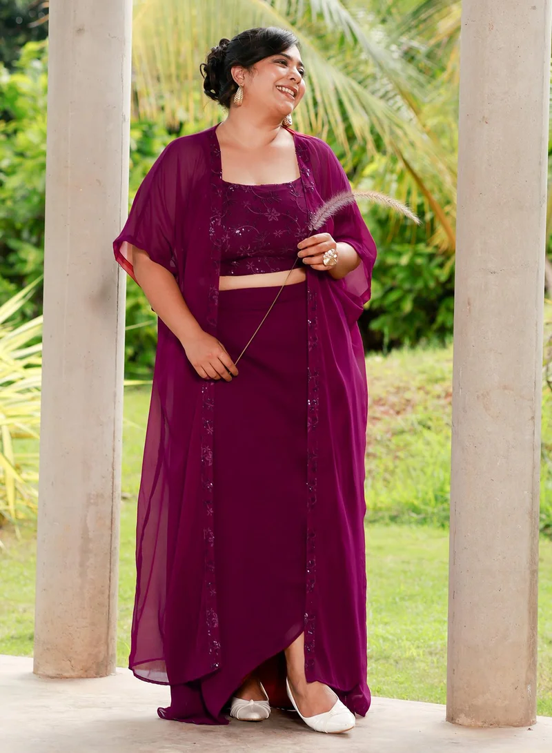 انستافاب بلس Women's Floral-Embroidery Draped Co-Ord Set For Ethnic Wear | Open-Front Neck, Kimono Sleeves | Floral Embroidery | 3 Piece Co-Ords Designed For Evening & Party Wear | Grape Purple