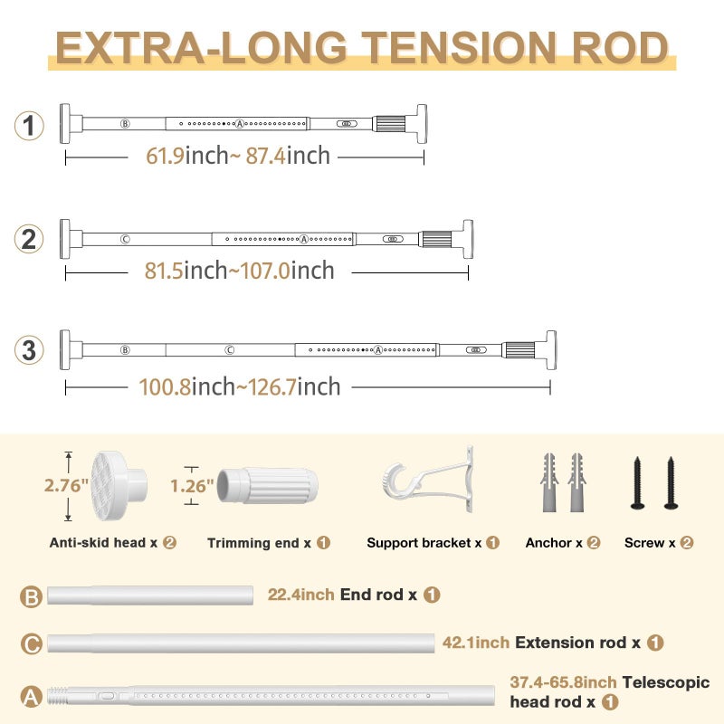 ZipGlo White Tension Curtain Rod 41-126In(4-10Ft), Long Outdoor Curtain Rod No Drilling for Window or Bathroom Patio, Adjustable Heavy Duty Shower Rod,Rod Diameter 1.26In-One-bond stretching - Image 2