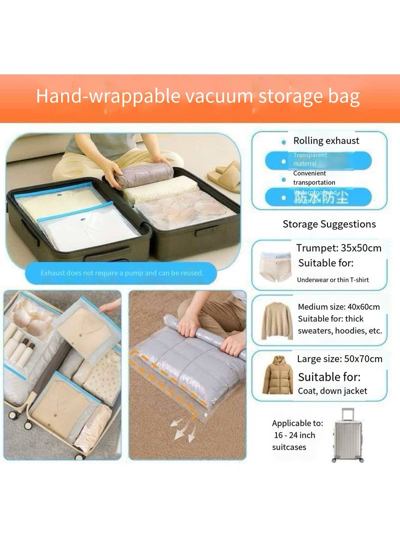 2 Large 2 Medium 2 Small Set Roll-Up No-Pump Travel Storage Bags, Clear Clothes Vacuum Compression Bags Waterproof Luggage Organizer Pouches - Image 2