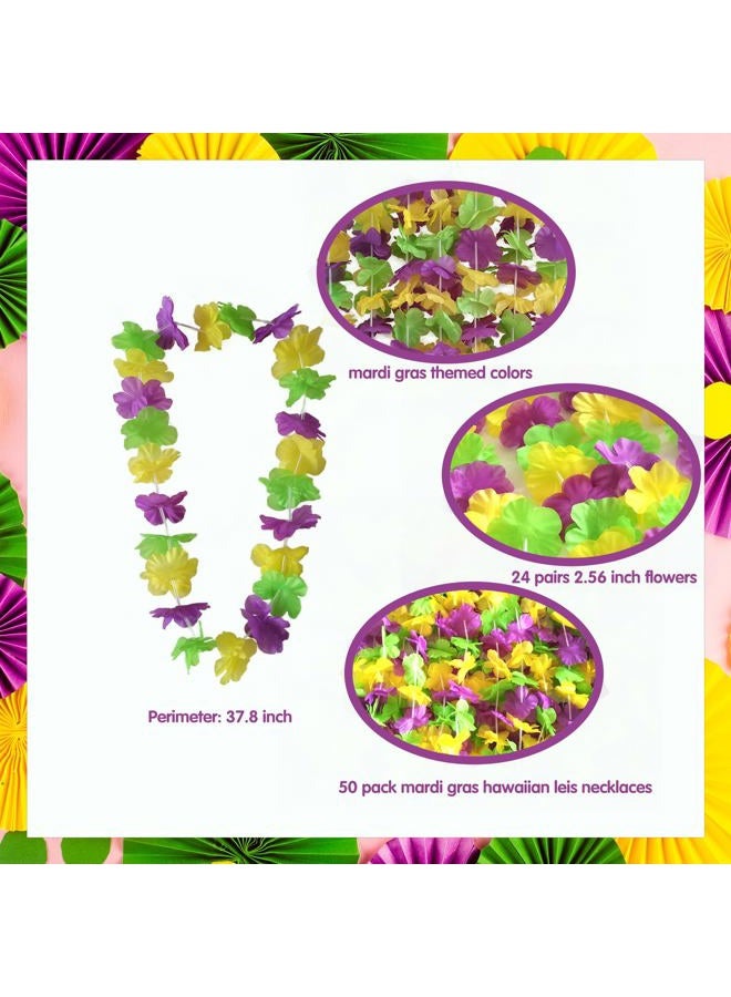Becfupo 50 Pack Mardi Gras Flower Leis Necklaces Bulk, Red Green Yellow Mardi Gras Hawaiian Leis For Mardi Gras Party Decorations, Gaysby Themed Party, Masquerade Costume Accessories - Image 2