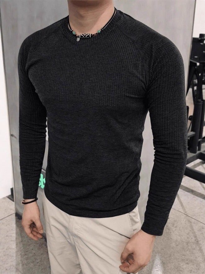 Qi Ta Seamless Jacquard Quick-Dry Long Sleeve T-Shirt for Men, Athletic Training Top, Breathable Cycling Base Layer - Image 2