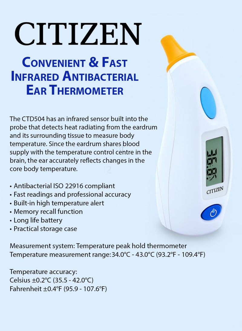 CITIZEN CTD504 Infrared Ear Thermometer Fast and Accurate Digital Fever Thermometer with Antibacterial Probe, Memory Recall, High Temperature Alert Celsius and Fahrenheit Switch, Battery & Storage Case Included - Image 2