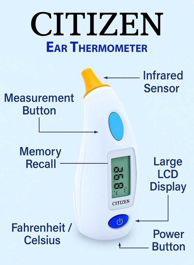 CITIZEN CTD504 Infrared Ear Thermometer Fast and Accurate Digital Fever Thermometer with Antibacterial Probe, Memory Recall, High Temperature Alert Celsius and Fahrenheit Switch, Battery & Storage Case Included - Image 3