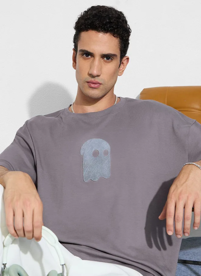 ذا سوليد ستور The Souled Store Men's Oversized Fit Printed Grey T-Shirt with Ghost Logo