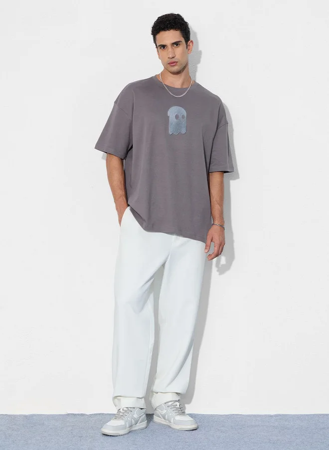 The Souled Store  The Souled Store Men's Oversized Fit Printed Grey T-Shirt with Ghost Logo  | Best Price UAE