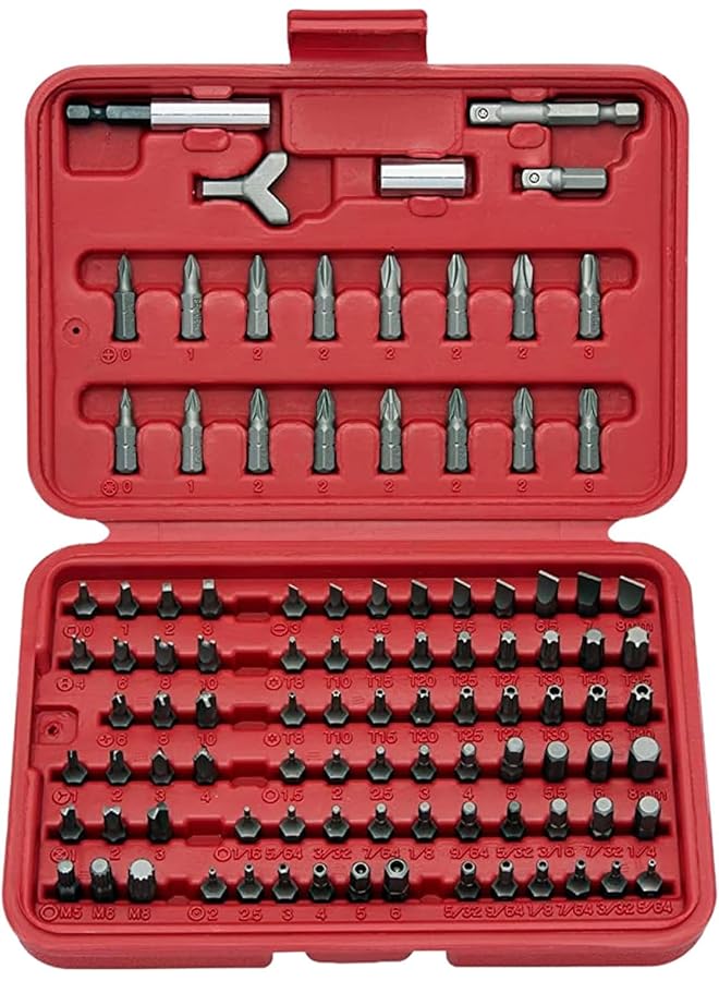 10048A Security Bit Set 100 Piece Set Cr V Steel 1 4 Inch Adapters Phillips Slotted Hex Torx Star Tamperproof Pozi Square Spanner Torque Tri Wing Clutch Spline Wing Nut Security Torx Bit Set - Image 1