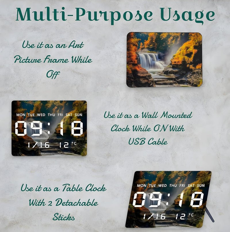 UmI. Umi Acrylic Digital Wall Clock for Bedroom Living Room Stylish with LED USB Tabletop 3D Picture Clocks with Time Day Date Month Temperature Display for Home Office 27x20cm Waterfall - Image 5