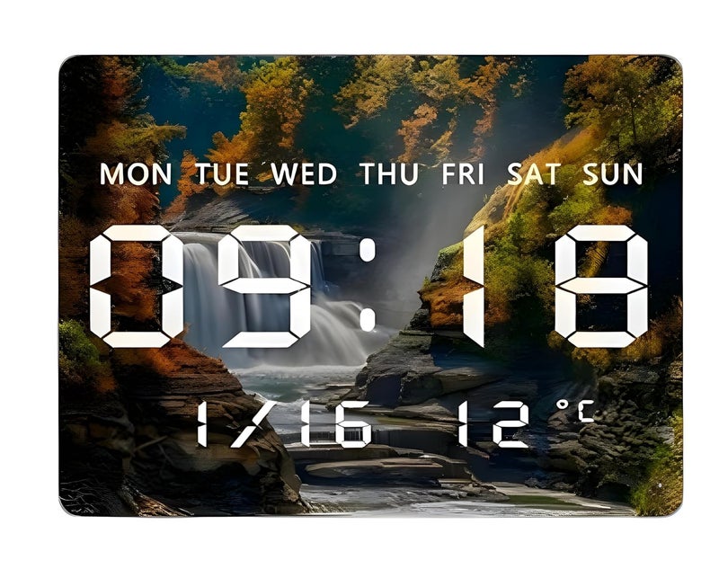 UmI. Umi Acrylic Digital Wall Clock for Bedroom Living Room Stylish with LED USB Tabletop 3D Picture Clocks with Time Day Date Month Temperature Display for Home Office 27x20cm Waterfall - Image 1
