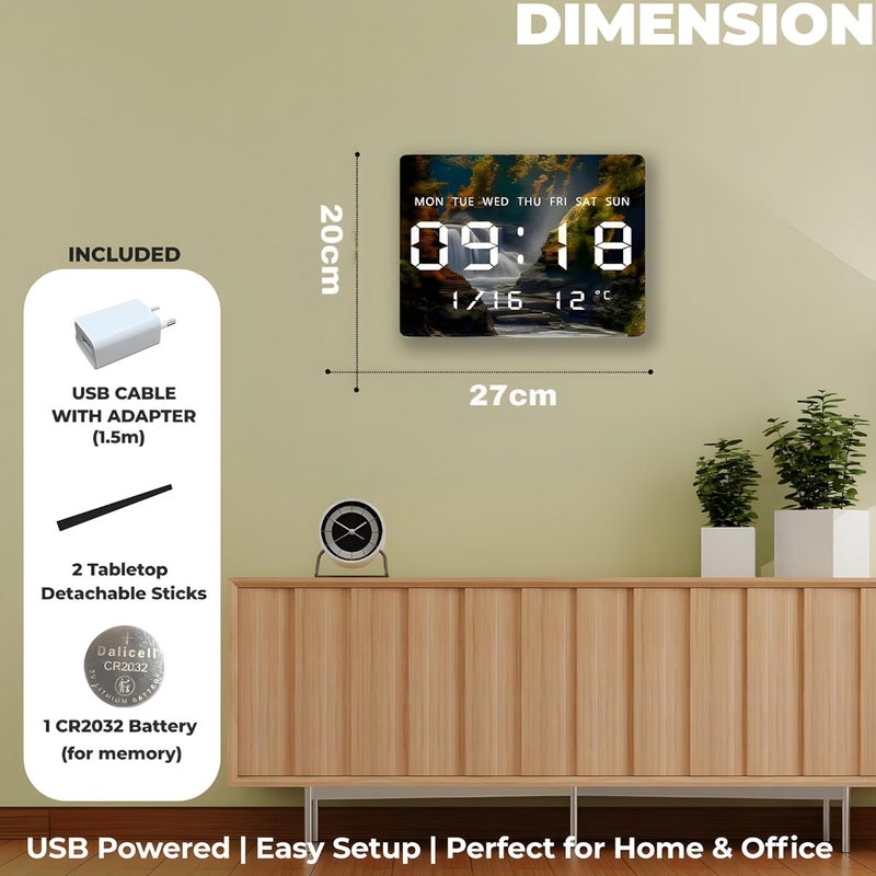 UmI. Umi Acrylic Digital Wall Clock for Bedroom Living Room Stylish with LED USB Tabletop 3D Picture Clocks with Time Day Date Month Temperature Display for Home Office 27x20cm Waterfall - Image 3