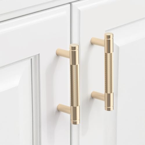 9BUILD 10 Pack Knurled Cabinet Pulls 3 Inch Brushed Brass Kitchen Cabinet Handles Cabinet Hardware Kitchen Handles for Cabinets Gold Drawer Pulls T Bar Drawer Handle - Image 1
