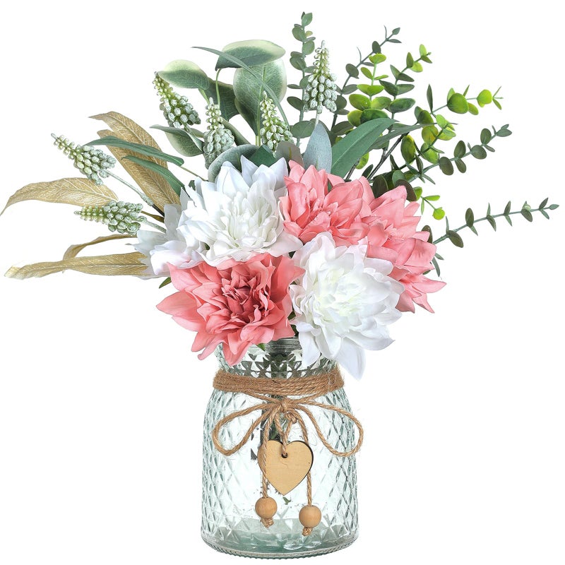 Faux Flowers with VaseArtificial Silk Flowers in Vase Fake Plant Eucalyptus and WillowFlower Arrangement for Home Farmhouse Dining Table Centerpiece Decorations Coffee Table Decor Dusty Pink