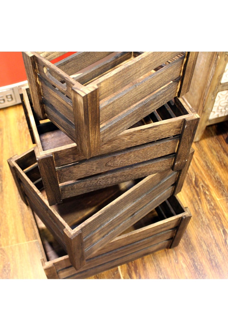 LINGWEI Four in One New Solid Wood Storage Box Extra Large Wooden Crate Hollow Hollow Thick Wrap Angle Fruit Decorative Box Brown 4pcs Set  - Image 5