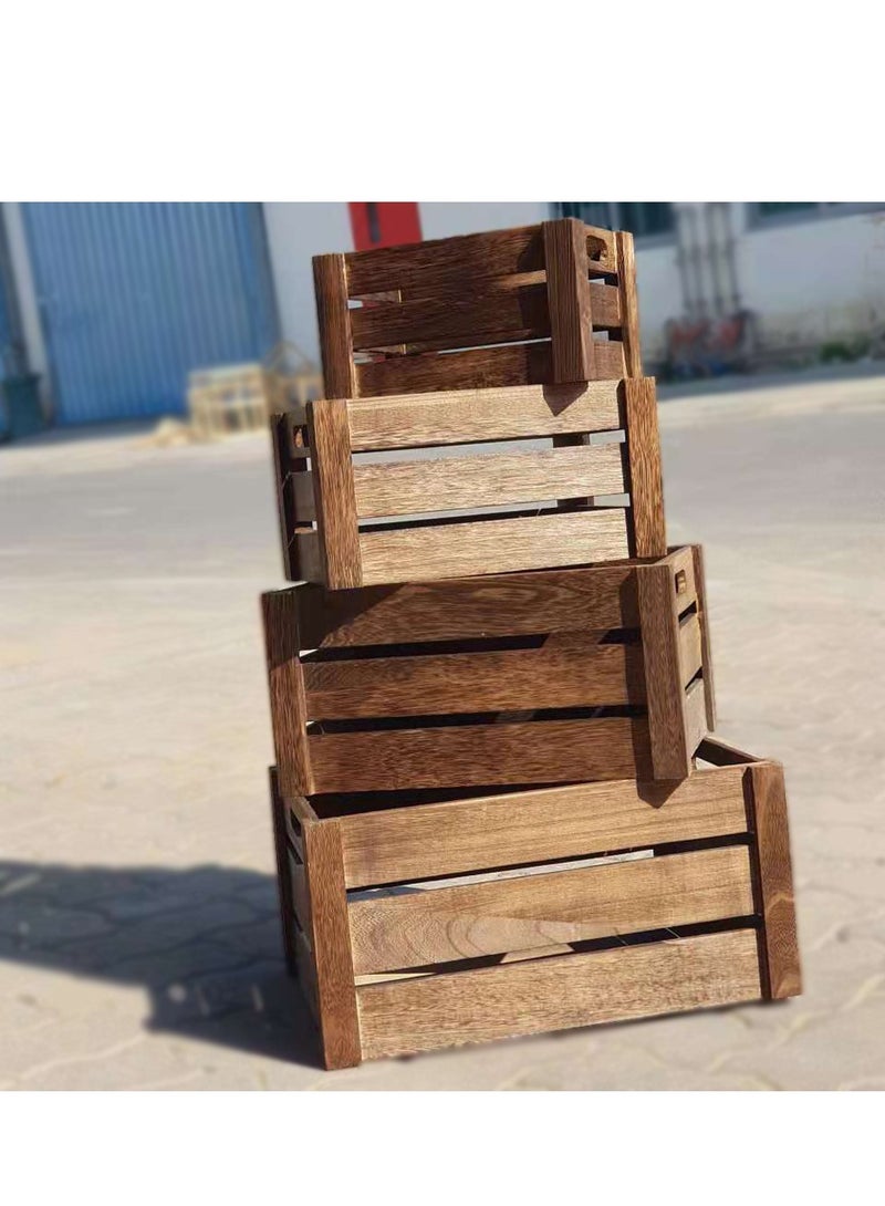 LINGWEI Four in One New Solid Wood Storage Box Extra Large Wooden Crate Hollow Hollow Thick Wrap Angle Fruit Decorative Box Brown 4pcs Set  - Image 3