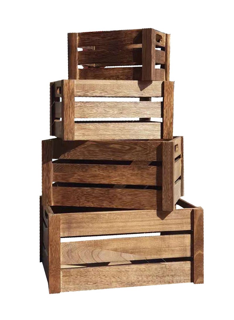 LINGWEI Four in One New Solid Wood Storage Box Extra Large Wooden Crate Hollow Hollow Thick Wrap Angle Fruit Decorative Box Brown 4pcs Set  - Image 4
