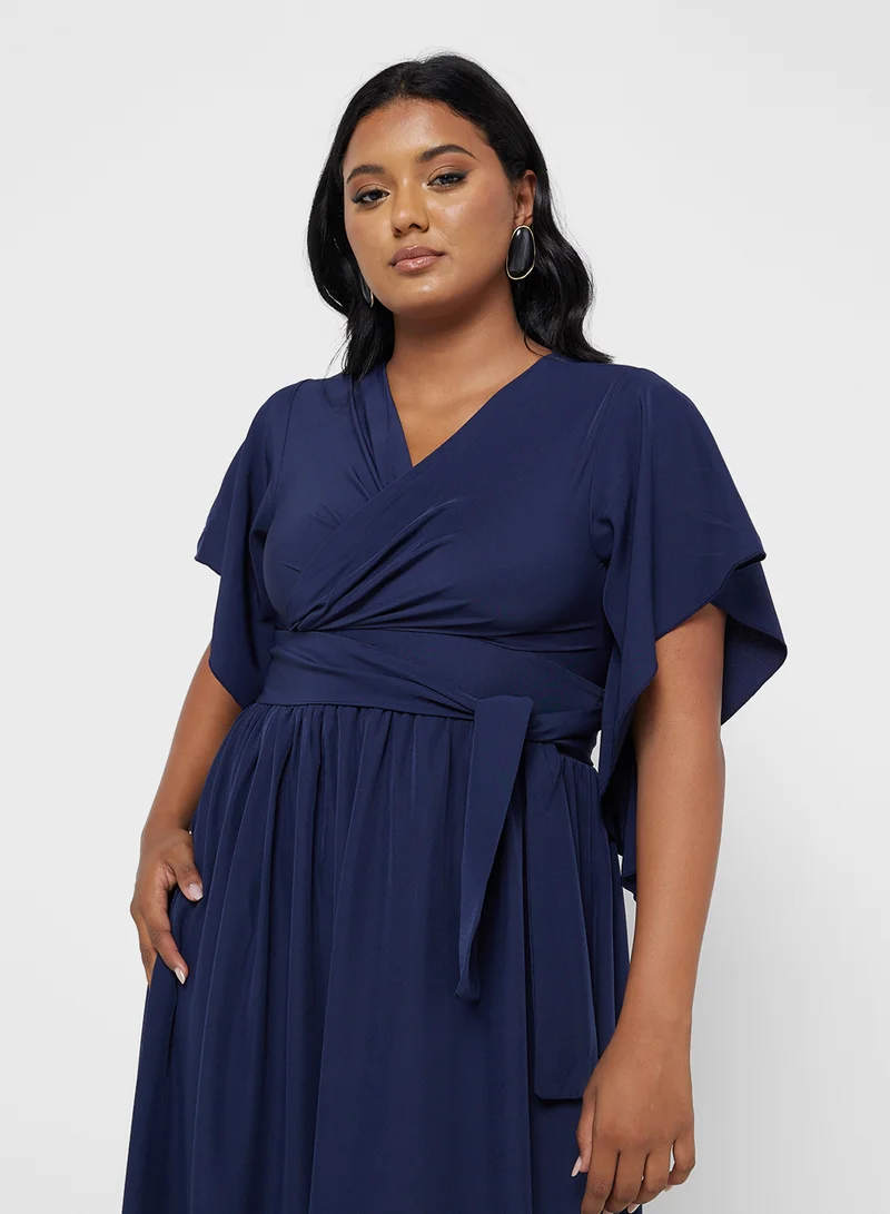 Ella Plus Belted Flutter-Sleeve Dress
