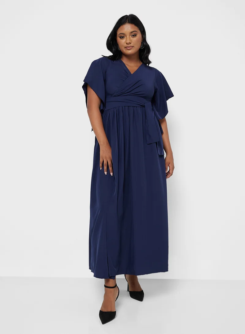 Ella Plus Belted Flutter-Sleeve Dress