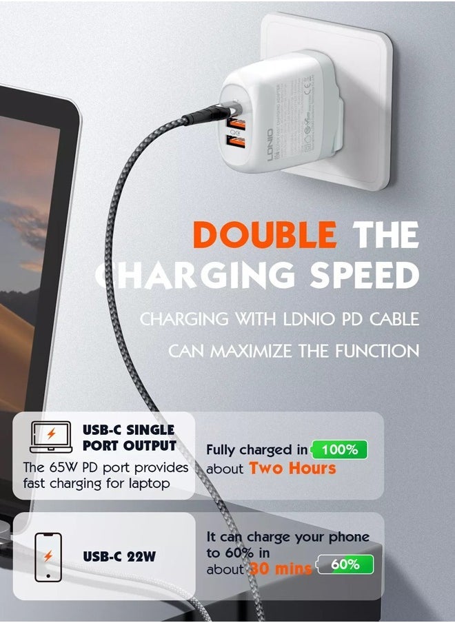 LDNIO 65W GaN USB C Charger 3-Port, PPS Compact Fast Charger with PD & QC3.0, Removable Wall Charger Power Adapter for MacBook Pro Air, iPad Pro Air, iPhone 14/13/12, Galaxy, Dell XPS Laptop etc  - Image 4