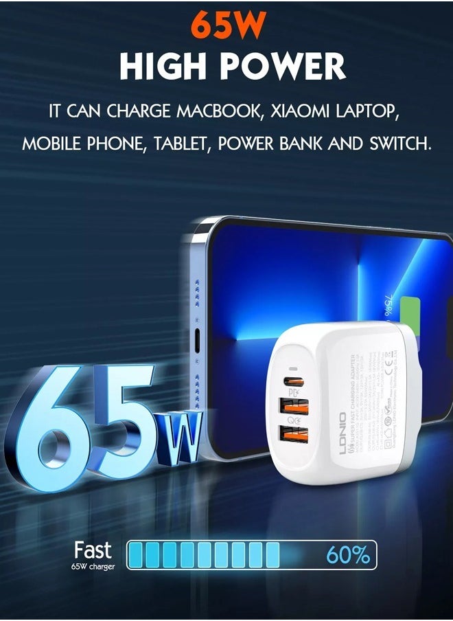 LDNIO 65W GaN USB C Charger 3-Port, PPS Compact Fast Charger with PD & QC3.0, Removable Wall Charger Power Adapter for MacBook Pro Air, iPad Pro Air, iPhone 14/13/12, Galaxy, Dell XPS Laptop etc  - Image 2