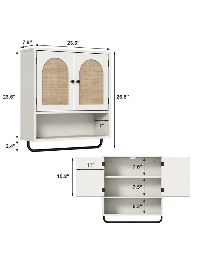 RUSTOWN Rattan Bathroom Wall Cabinet, Boho Medicine Cabinet with 2 Arched Doors, Farmhouse Over The Toilet Storage Cabinets with Adjustable Shelves & Towel Bar, 3-Tier Wall Mounted Cabinets - Image 2