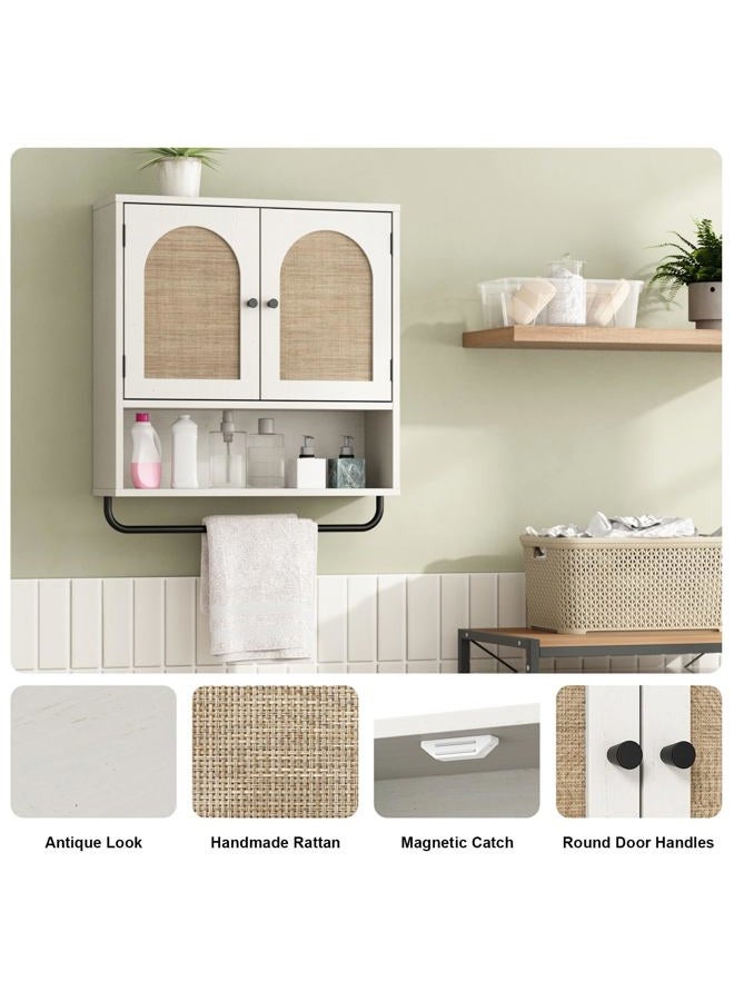 RUSTOWN Rattan Bathroom Wall Cabinet, Boho Medicine Cabinet with 2 Arched Doors, Farmhouse Over The Toilet Storage Cabinets with Adjustable Shelves & Towel Bar, 3-Tier Wall Mounted Cabinets - Image 5