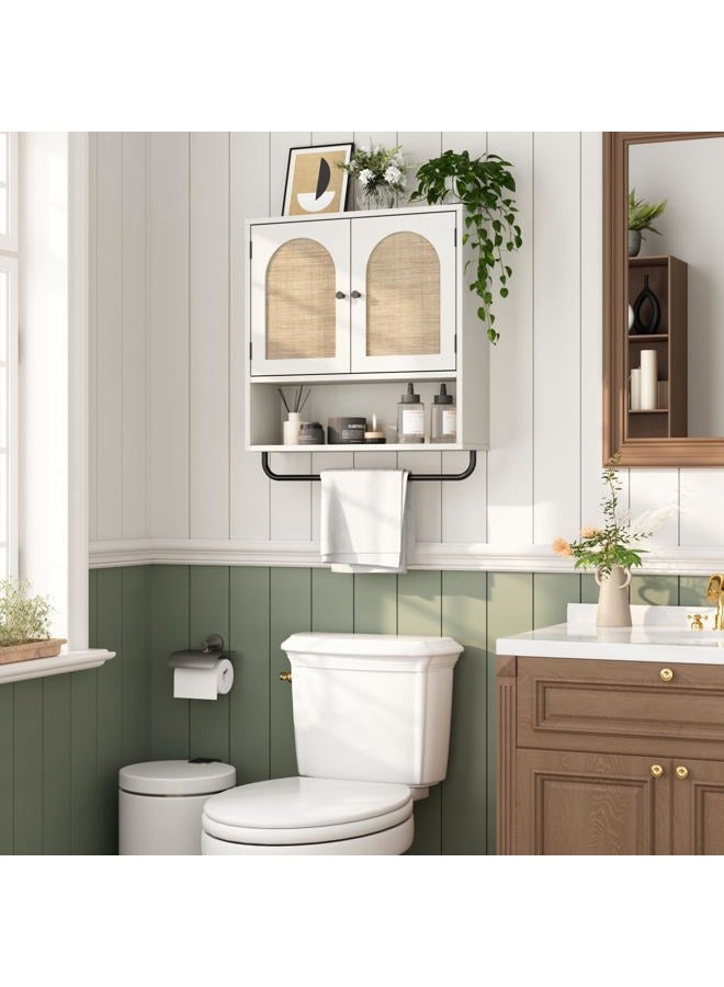 RUSTOWN Rattan Bathroom Wall Cabinet, Boho Medicine Cabinet with 2 Arched Doors, Farmhouse Over The Toilet Storage Cabinets with Adjustable Shelves & Towel Bar, 3-Tier Wall Mounted Cabinets - Image 3