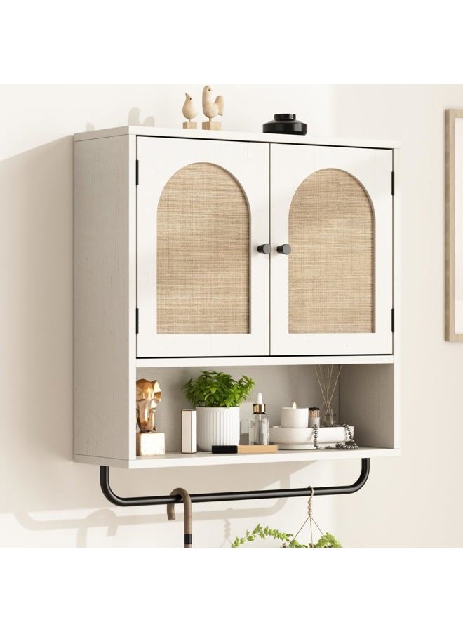 RUSTOWN Rattan Bathroom Wall Cabinet, Boho Medicine Cabinet with 2 Arched Doors, Farmhouse Over The Toilet Storage Cabinets with Adjustable Shelves & Towel Bar, 3-Tier Wall Mounted Cabinets - Image 1