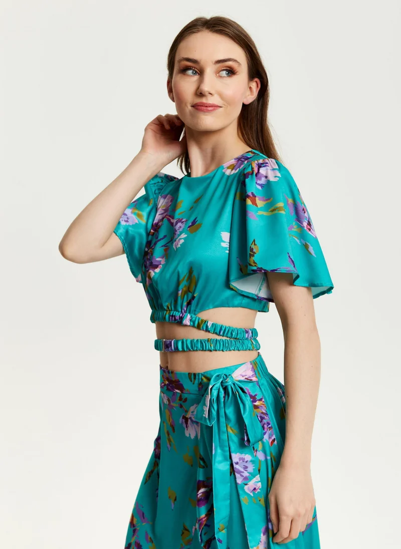Liquorish Green Floral Crop Top With Tie Details