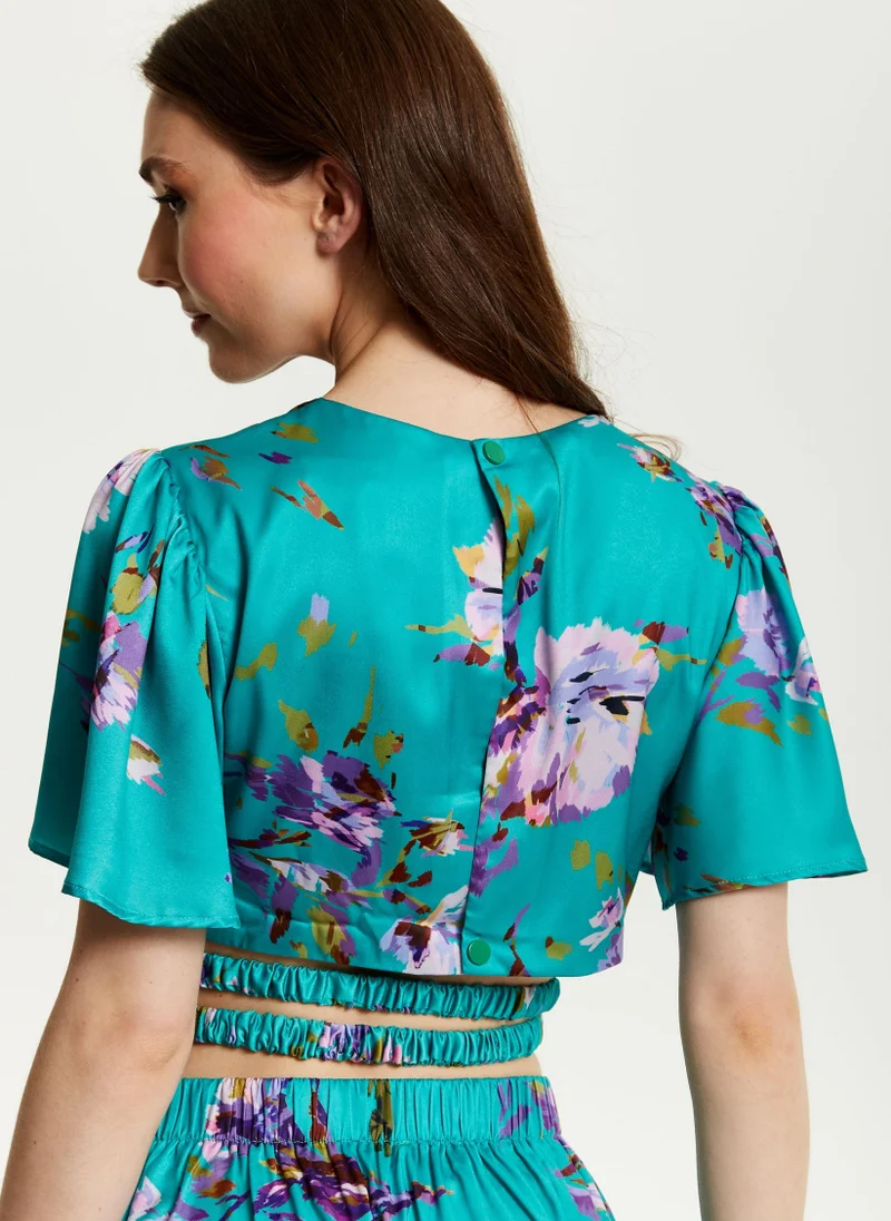 Liquorish Green Floral Crop Top With Tie Details