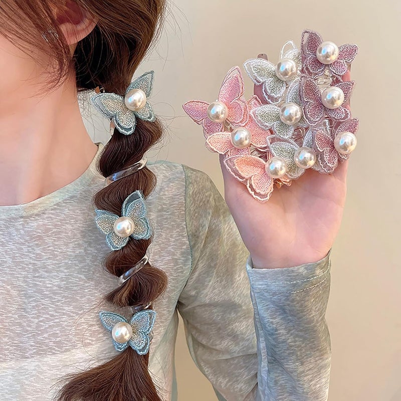 4 PCS Lace Butterfly Pearl Braided Telephone Scrunchies Spiral Stretchy Ponytail Holders Hair Bands Multicolor Phone Cord Hair Ties Women Daily Hair Accessories