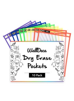 WallDeca Dry Erase Pocket Sleeves Assorted Colors 8.5 X 11 Plastic Paper Holder Pack Reusable Dry Erase Sleeves Paper Pocket Folders Plastic Plastic Sleeves For Clasroom 5 Colors (10Pack)  - Image 1