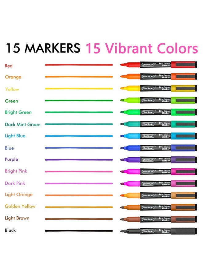 شاتل أرت أقلام تحديد قابلة للمسح، 15 لونًا من أقلام التحديد المغناطيسية للسبورة البيضاء، ذات رأس رفيع، مثالية للكتابة على السبورة البيضاء، وألواح قابلة للمسح، ومرايا للمدرسة والمكتب والمنزل - Image 2